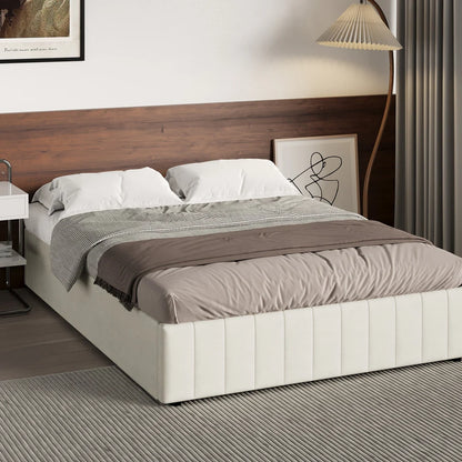 BF-B-FURB-Q-BG-AB Oikiture Bed Frame Queen Size Gas Lift Storage Base Velvet Cream FURB