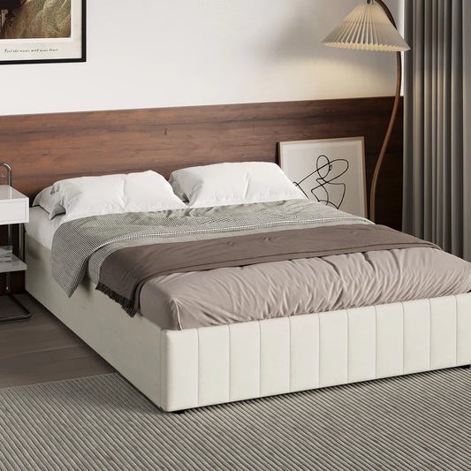 BF-B-FURB-Q-BG-AB Oikiture Bed Frame Queen Size Gas Lift Storage Base Velvet Cream FURB