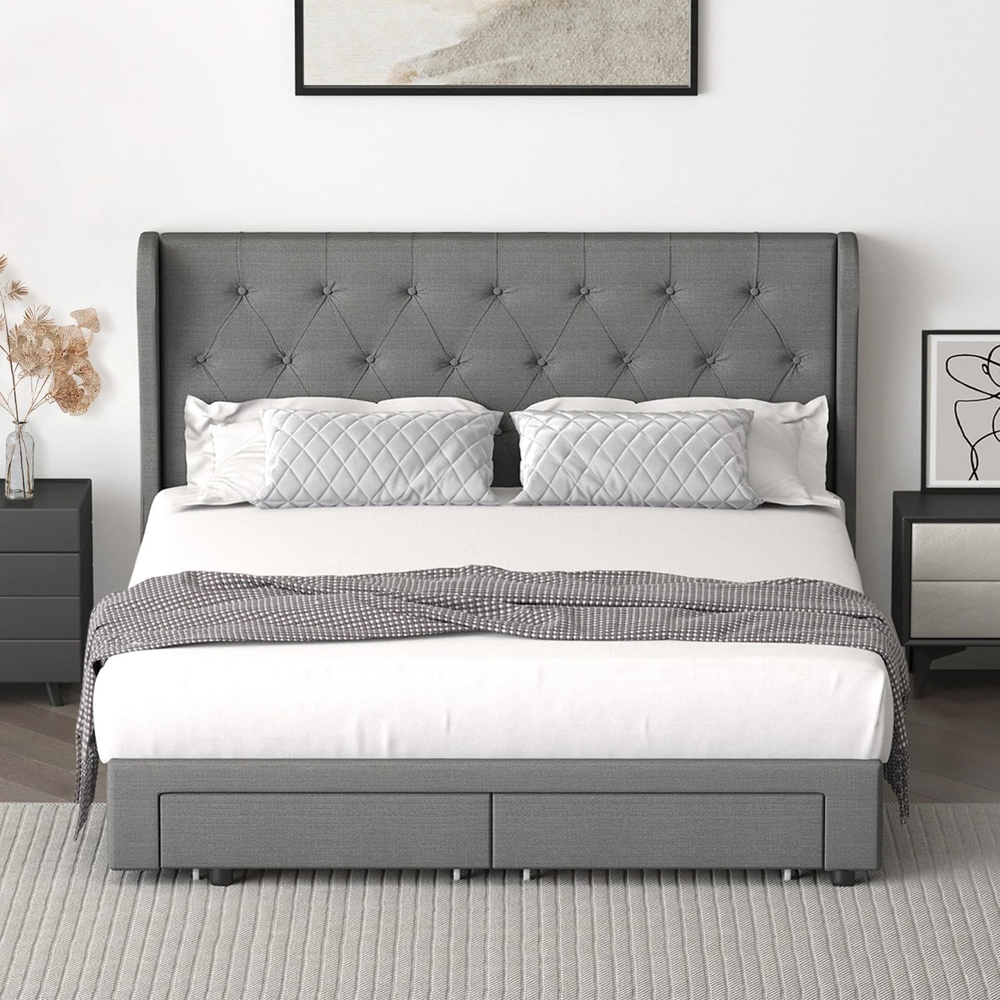 BF-B-HEMI-D-GY-ABCD Oikiture Bed Frame Double Size Base With Storage Drawers