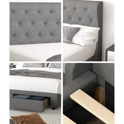 BF-B-HEMI-D-GY-ABCD Oikiture Bed Frame Double Size Base With Storage Drawers