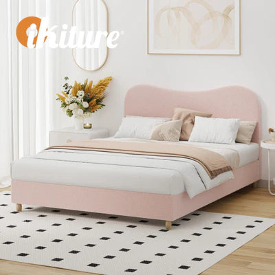 BF-B-KLAO-D-SP-PK-AB Oikiture Bed Frame Double Size Pink Boucle Cloud Shape