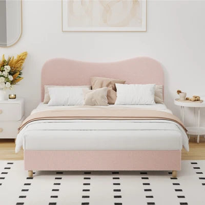 BF-B-KLAO-Q-SP-PK-AB Oikiture Bed Frame Queen Size Pink Boucle Cloud Shape