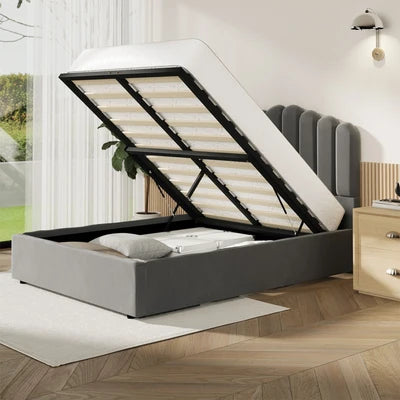 BF-B-KLON-Q-GY-ABC Oikiture Bed Frame Queen Size Gas Lift Bed Base With Storage Velvet KLON