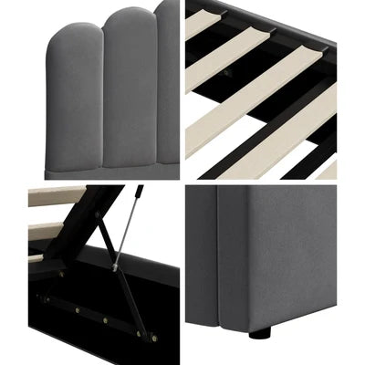 BF-B-KLON-Q-GY-ABC Oikiture Bed Frame Queen Size Gas Lift Bed Base With Storage Velvet KLON