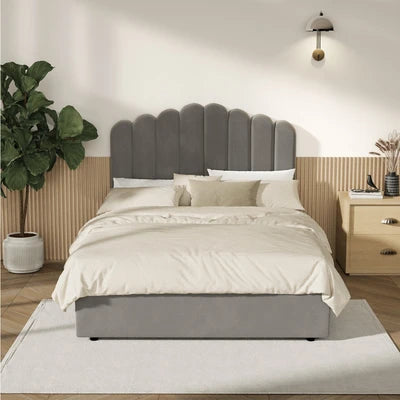 BF-B-KLON-Q-GY-ABC Oikiture Bed Frame Queen Size Gas Lift Bed Base With Storage Velvet KLON
