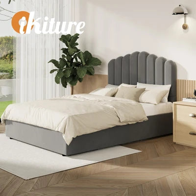 BF-B-KLON-Q-GY-ABC Oikiture Bed Frame Queen Size Gas Lift Bed Base With Storage Velvet KLON