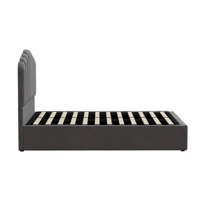 BF-B-KLON-Q-GY-ABC Oikiture Bed Frame Queen Size Gas Lift Bed Base With Storage Velvet KLON