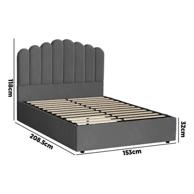 BF-B-KLON-Q-GY-ABC Oikiture Bed Frame Queen Size Gas Lift Bed Base With Storage Velvet KLON