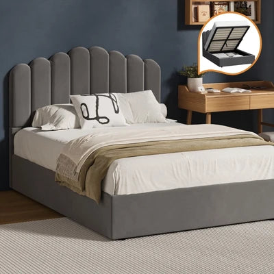BF-B-KLON-Q-GY-ABC Oikiture Bed Frame Queen Size Gas Lift Bed Base With Storage Velvet KLON