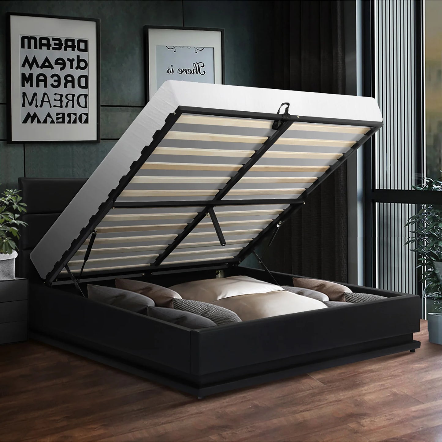 BF-B-LAYZ-D-BK-ABC Oikiture Double Bed Frame Gas Lift RBG Storage Space Black