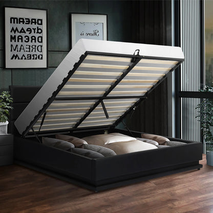 BF-B-LAYZ-D-BK-ABC Oikiture Double Bed Frame Gas Lift RBG Storage Space Black