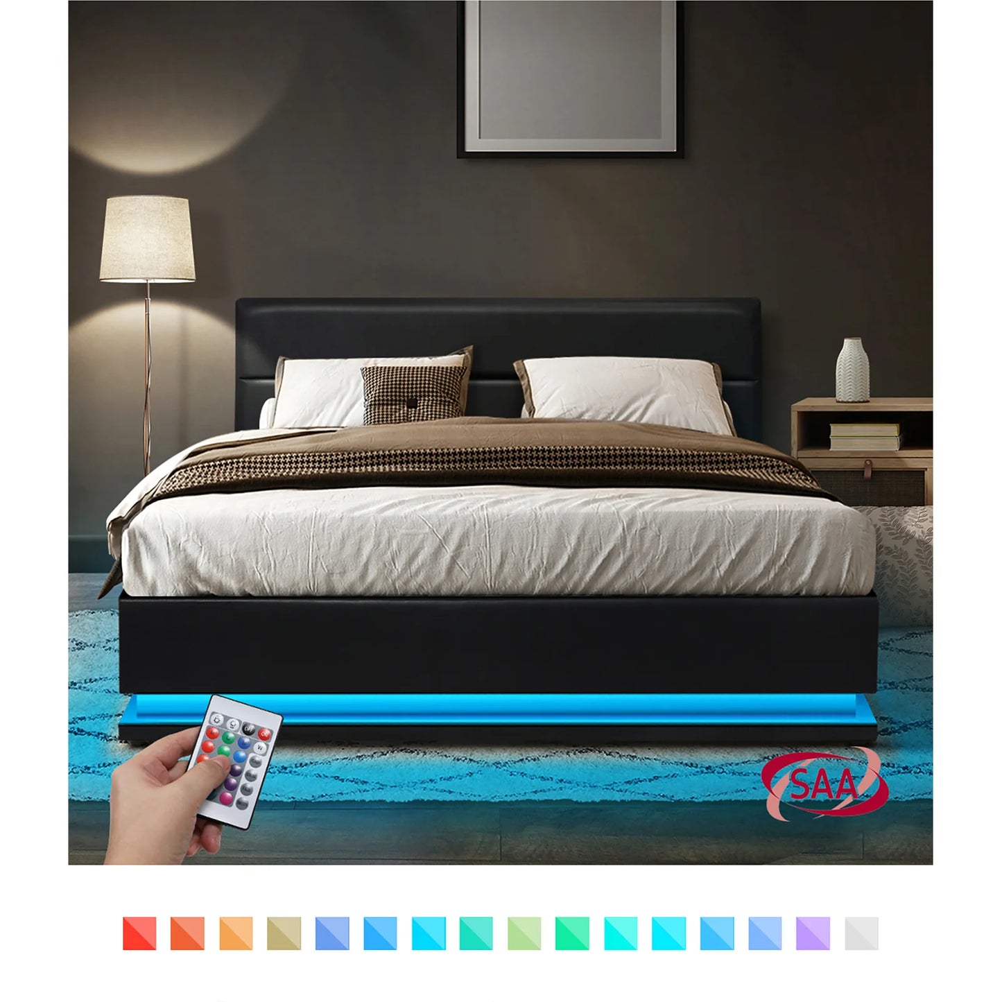 BF-B-LAYZ-D-BK-ABC Oikiture Double Bed Frame Gas Lift RBG Storage Space Black