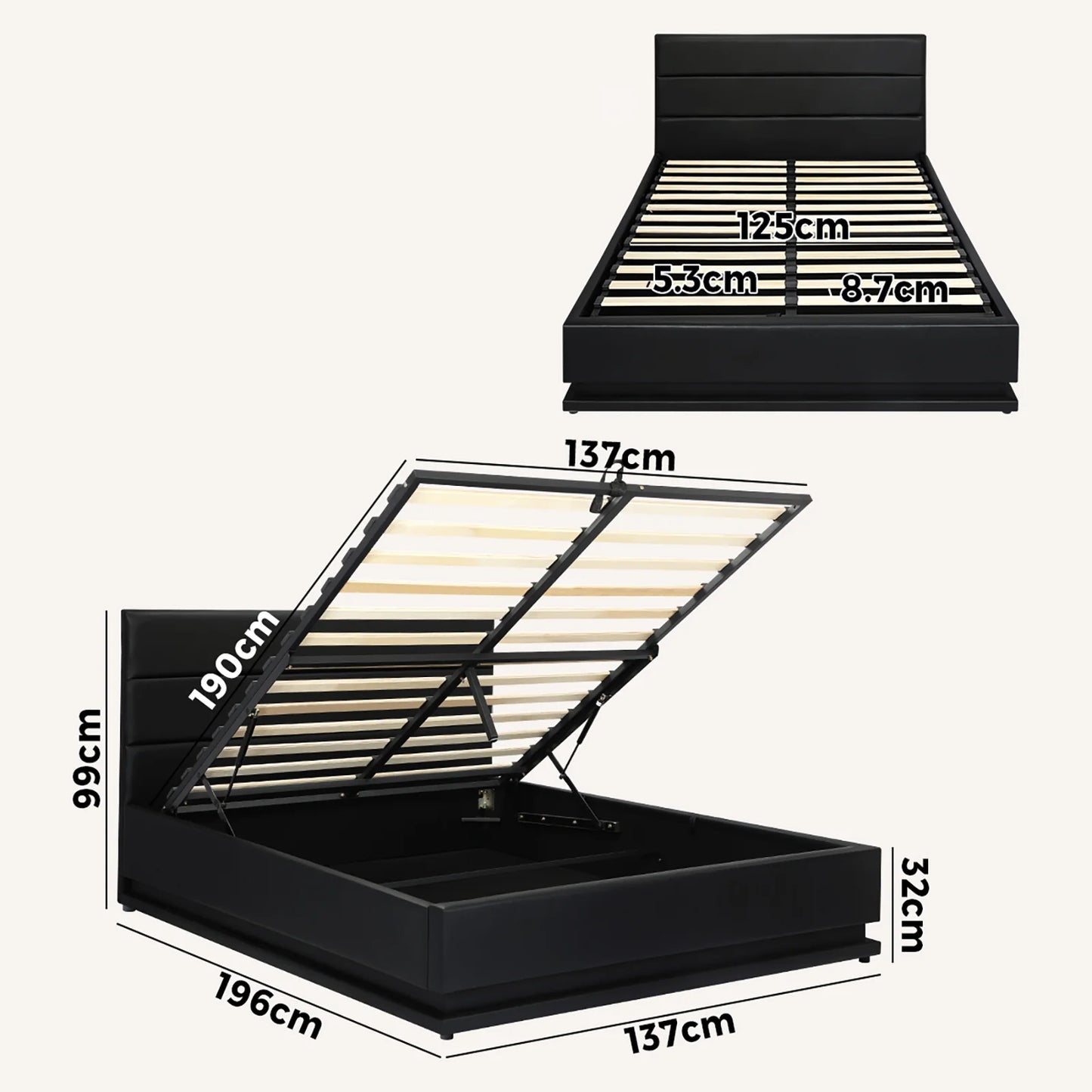 BF-B-LAYZ-D-BK-ABC Oikiture Double Bed Frame Gas Lift RBG Storage Space Black