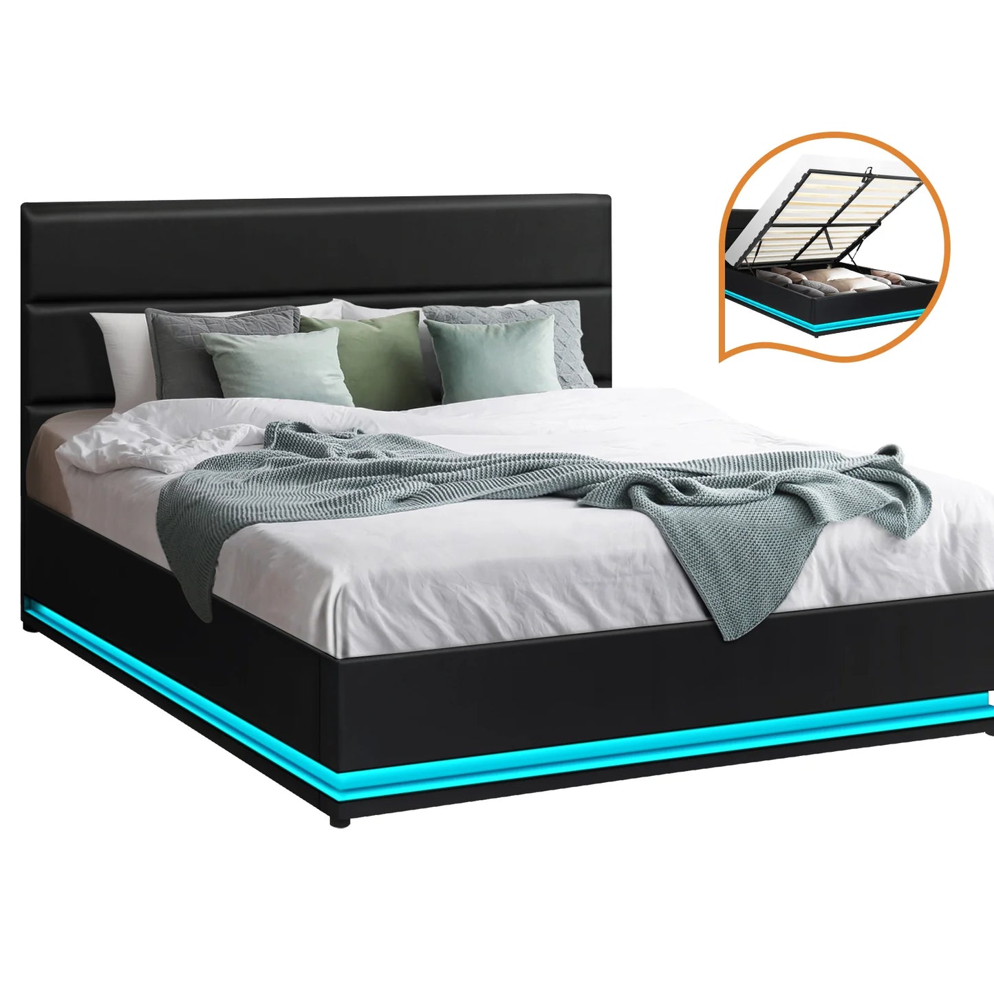 BF-B-LAYZ-D-BK-ABC Oikiture Double Bed Frame Gas Lift RBG Storage Space Black
