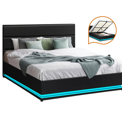 BF-B-LAYZ-D-BK-ABC Oikiture Double Bed Frame Gas Lift RBG Storage Space Black