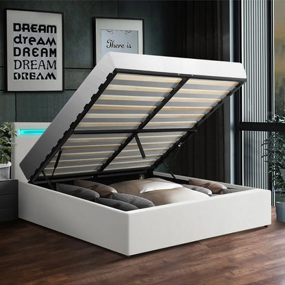 BF-B-MARC-Q-WH-ABC Oikiture Bed Frame Queen Size RGB LED Gas Lift Storage Base White