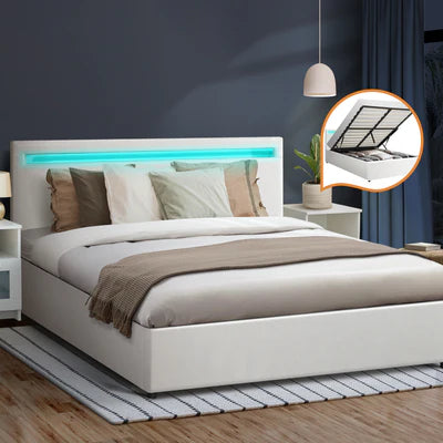 BF-B-MARC-Q-WH-ABC Oikiture Bed Frame Queen Size RGB LED Gas Lift Storage Base White