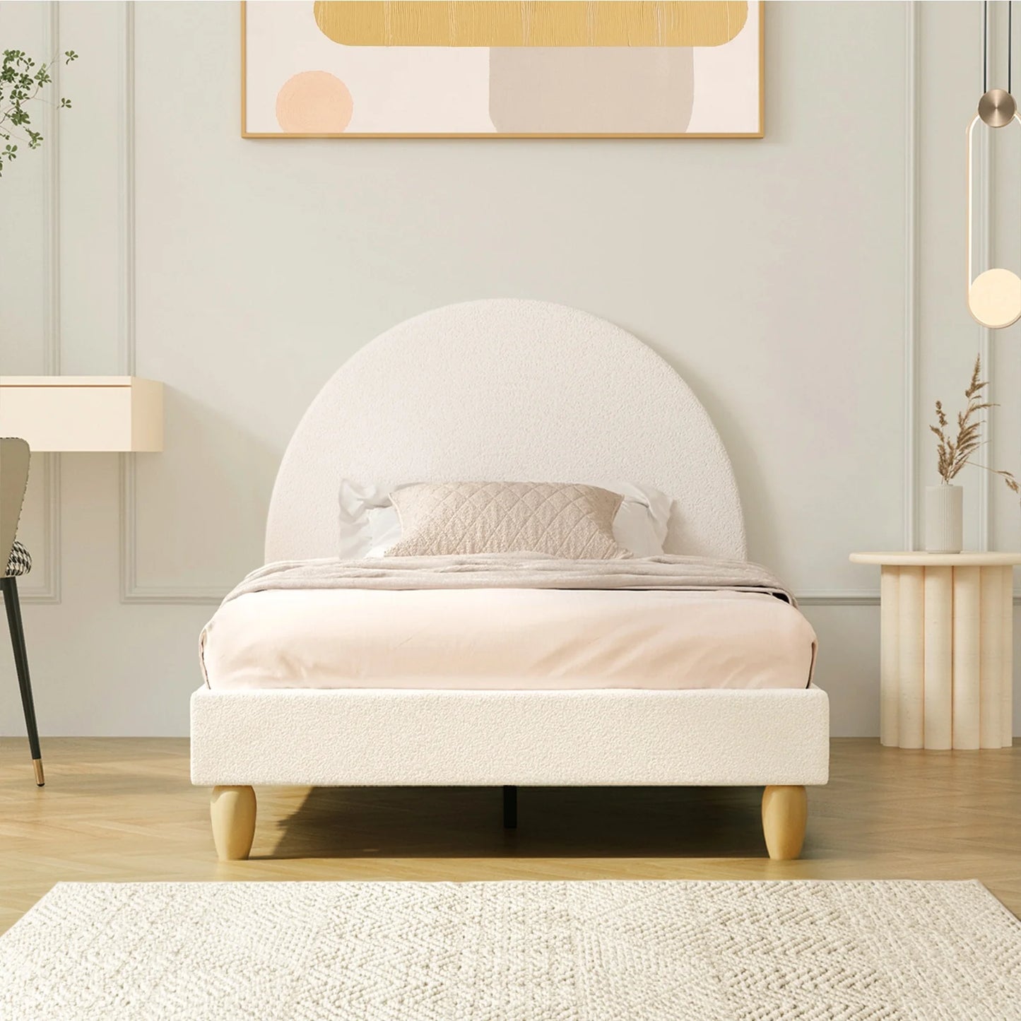 BF-B-MUNA-KS-SP-WH-AB King Single Sized Boucle Fabric Arched Platform Bed Frame