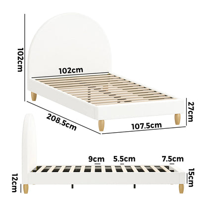 BF-B-MUNA-KS-SP-WH-AB King Single Sized Boucle Fabric Arched Platform Bed Frame