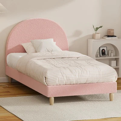 BF-B-MUNA-S-SP-PK-AB Oikiture Bed Frame Single Size Bed Platform Arched Bedhead Pink Boucle