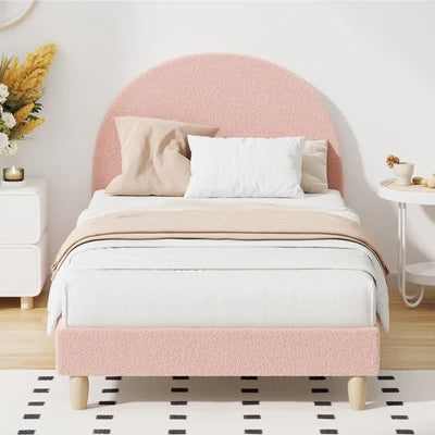 BF-B-MUNA-S-SP-PK-AB Oikiture Bed Frame Single Size Bed Platform Arched Bedhead Pink Boucle