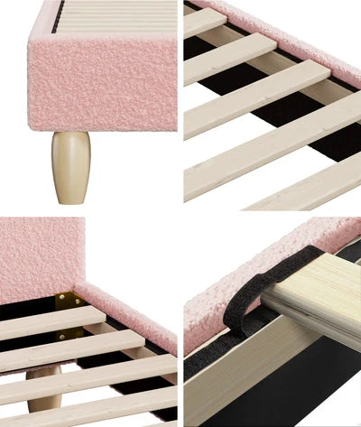 BF-B-MUNA-S-SP-PK-AB Oikiture Bed Frame Single Size Bed Platform Arched Bedhead Pink Boucle