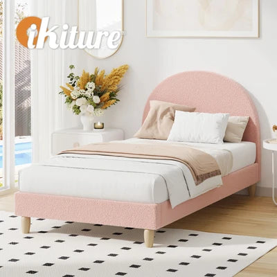 BF-B-MUNA-S-SP-PK-AB Oikiture Bed Frame Single Size Bed Platform Arched Bedhead Pink Boucle