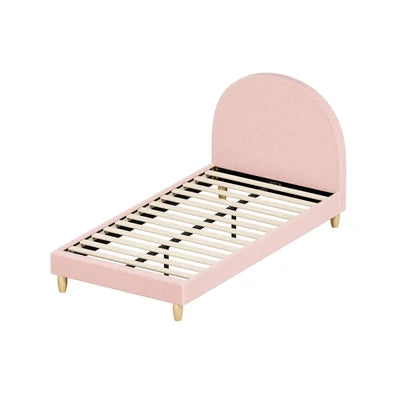 BF-B-MUNA-S-SP-PK-AB Oikiture Bed Frame Single Size Bed Platform Arched Bedhead Pink Boucle