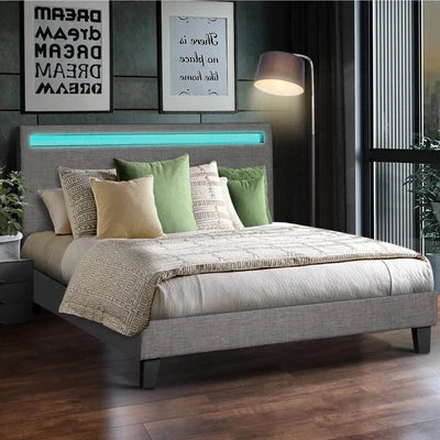 BF-B-POLY-K-GY-AB Oikiture Bed Frame RGB LED King Size Mattress Base Platform Wooden Grey Fabric