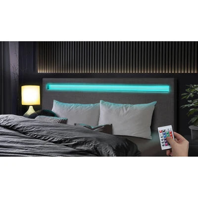 BF-B-POLY-K-GY-AB Oikiture Bed Frame RGB LED King Size Mattress Base Platform Wooden Grey Fabric