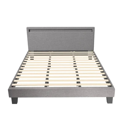 BF-B-POLY-K-GY-AB Oikiture Bed Frame RGB LED King Size Mattress Base Platform Wooden Grey Fabric