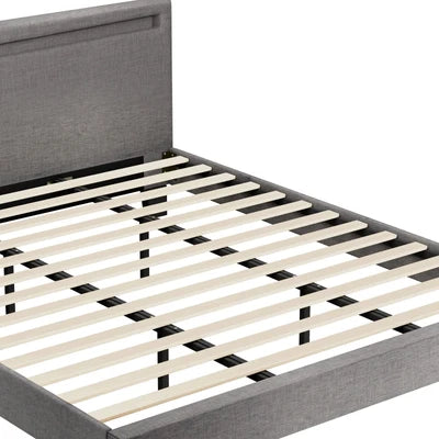 BF-B-POLY-K-GY-AB Oikiture Bed Frame RGB LED King Size Mattress Base Platform Wooden Grey Fabric