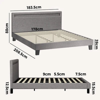 BF-B-POLY-K-GY-AB Oikiture Bed Frame RGB LED King Size Mattress Base Platform Wooden Grey Fabric