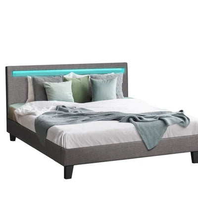 BF-B-POLY-K-GY-AB Oikiture Bed Frame RGB LED King Size Mattress Base Platform Wooden Grey Fabric