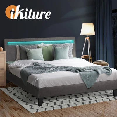 BF-B-POLY-K-GY-AB Oikiture Bed Frame RGB LED King Size Mattress Base Platform Wooden Grey Fabric