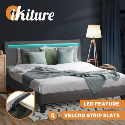 BF-B-POLY-Q-GY-AB Oikiture Bed Frame RGB LED Queen Size Mattress Base Platform Wooden Grey Fabric