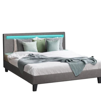 BF-B-POLY-Q-GY-AB Oikiture Bed Frame RGB LED Queen Size Mattress Base Platform Wooden Grey Fabric