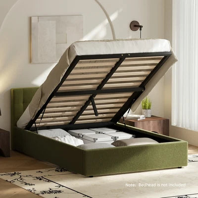 BF-B-TOTI-D-SP-GN-AB Oikiture Bed Frame King Single Size Gas Lift Base with Storage Boucle Green
