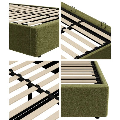 BF-B-TOTI-D-SP-GN-AB Oikiture Bed Frame King Single Size Gas Lift Base with Storage Boucle Green