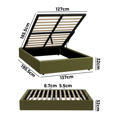 BF-B-TOTI-D-SP-GN-AB Oikiture Bed Frame King Single Size Gas Lift Base with Storage Boucle Green