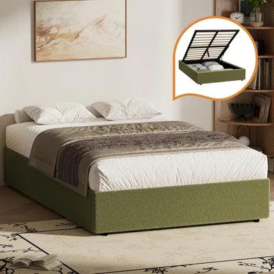 BF-B-TOTI-D-SP-GN-AB Oikiture Bed Frame King Single Size Gas Lift Base with Storage Boucle Green