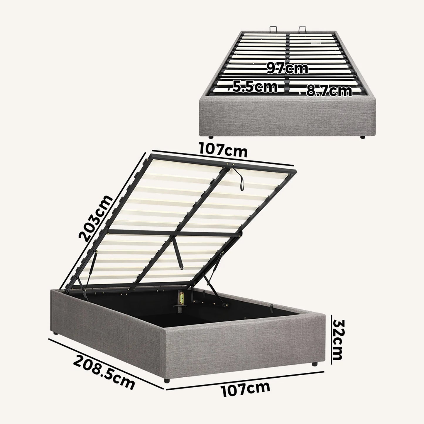 BF-B-TOTI-KS-GY-AB Oikiture Bed Frame King Single Size Gas Lift Base with Storage Mattress Platform