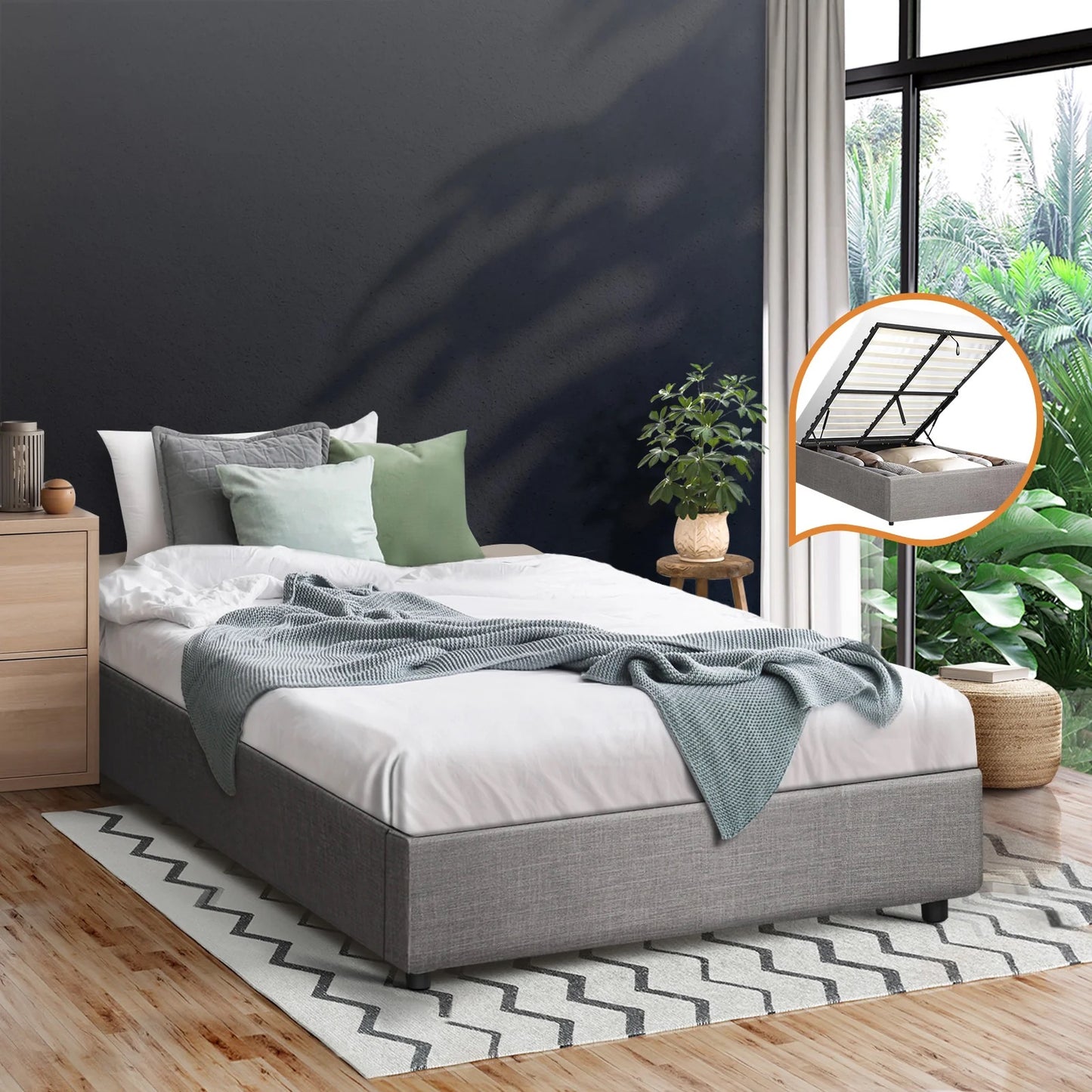 BF-B-TOTI-KS-GY-AB Oikiture Bed Frame King Single Size Gas Lift Base with Storage Mattress Platform