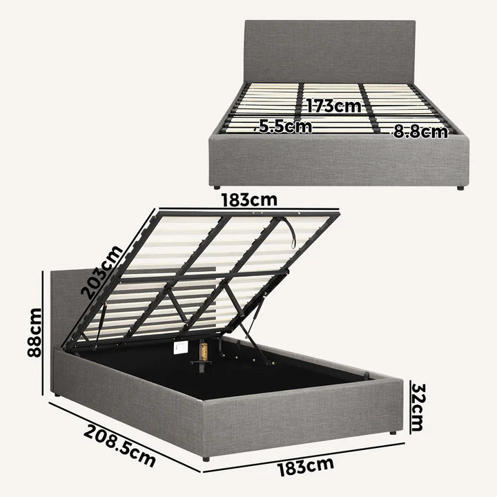 BF-B-UNO-K-GY-ABC Oikiture Bed Frame King Size Gas Lift Base with Storage Mattress Platform Grey