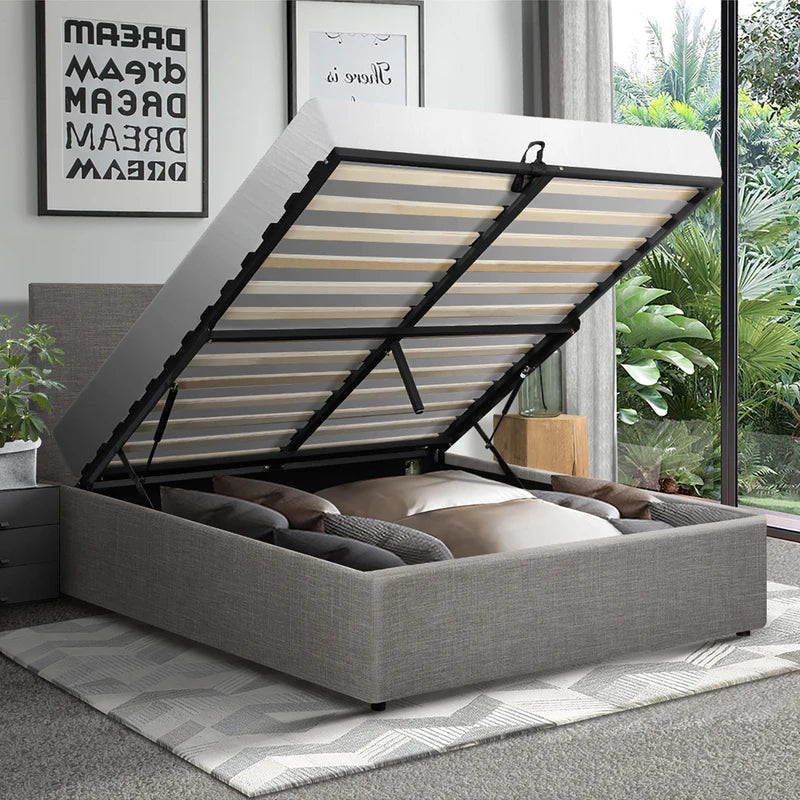 BF-B-UNO-KS-GY-ABC Oikiture Bed Frame King Single Size Gas Lift Mattress Base With Storage Fabric