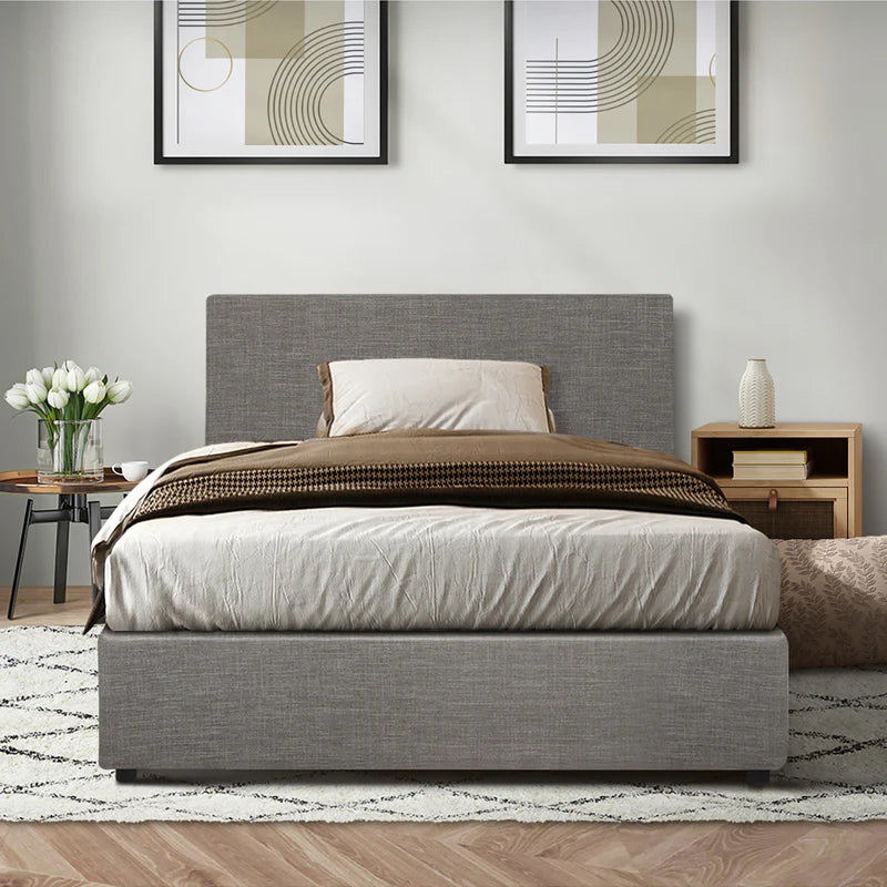 BF-B-UNO-KS-GY-ABC Oikiture Bed Frame King Single Size Gas Lift Mattress Base With Storage Fabric