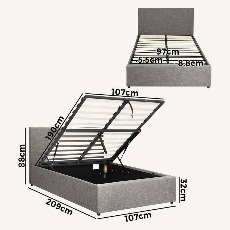 BF-B-UNO-KS-GY-ABC Oikiture Bed Frame King Single Size Gas Lift Mattress Base With Storage Fabric