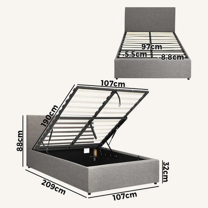 BF-B-UNO-KS-GY-ABC Oikiture Bed Frame King Single Size Gas Lift Mattress Base With Storage Fabric