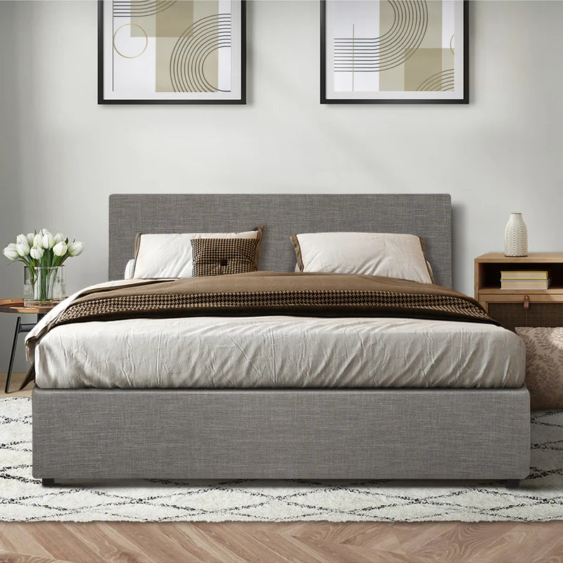 BF-B-UNO-Q-GY-ABC Oikiture Bed Frame Queen Size Gas Lift Base With Storage Mattress Base Fabric