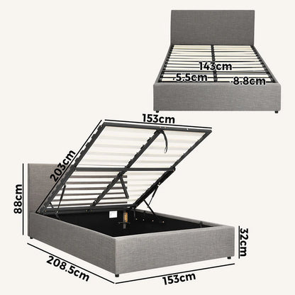 BF-B-UNO-Q-GY-ABC Oikiture Bed Frame Queen Size Gas Lift Base With Storage Mattress Base Fabric